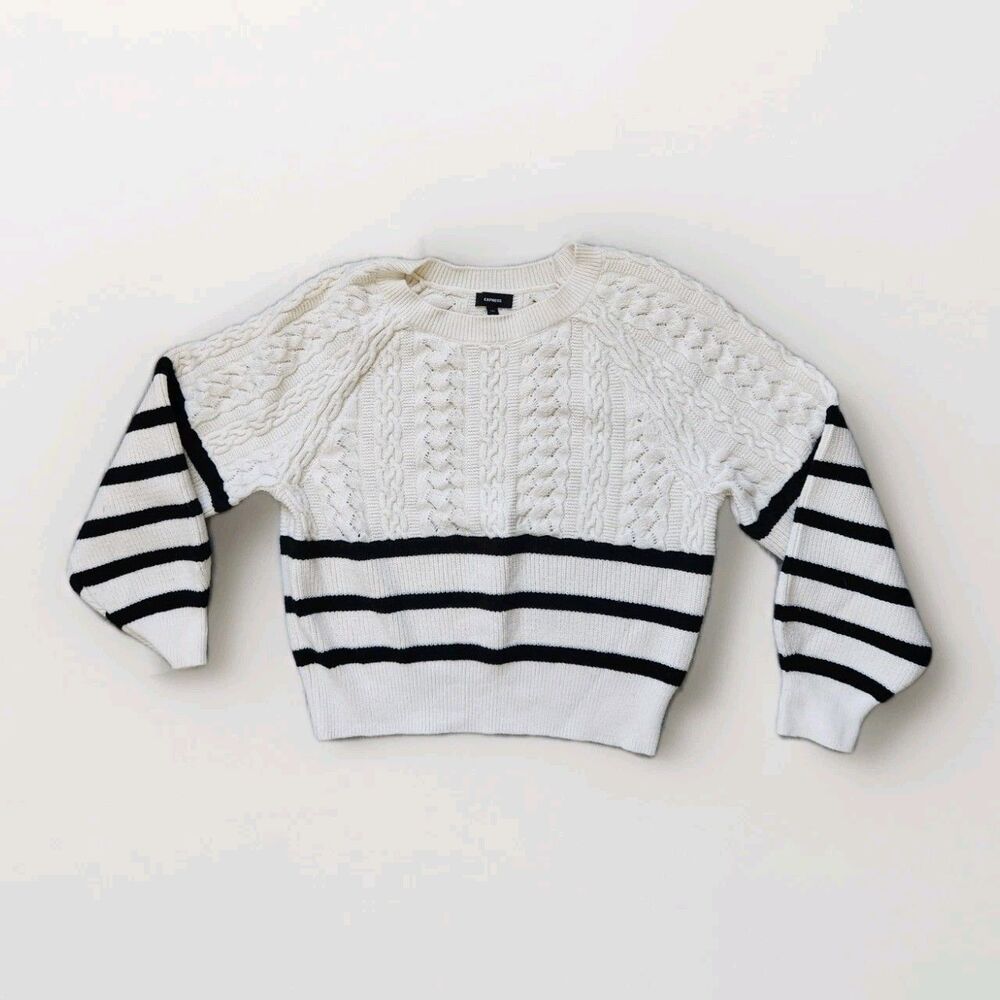 Express Cable Knit Sweater Ivory Black Stripe Soft Stretch Long Sleeve M EUC